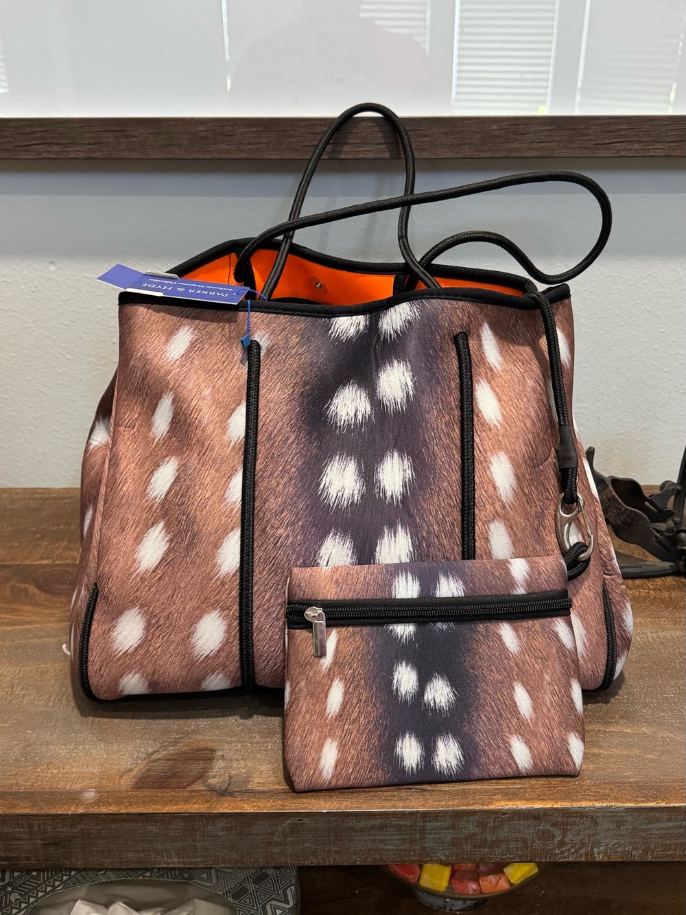 Neoprene Deer-Print Tote with Orange Interior